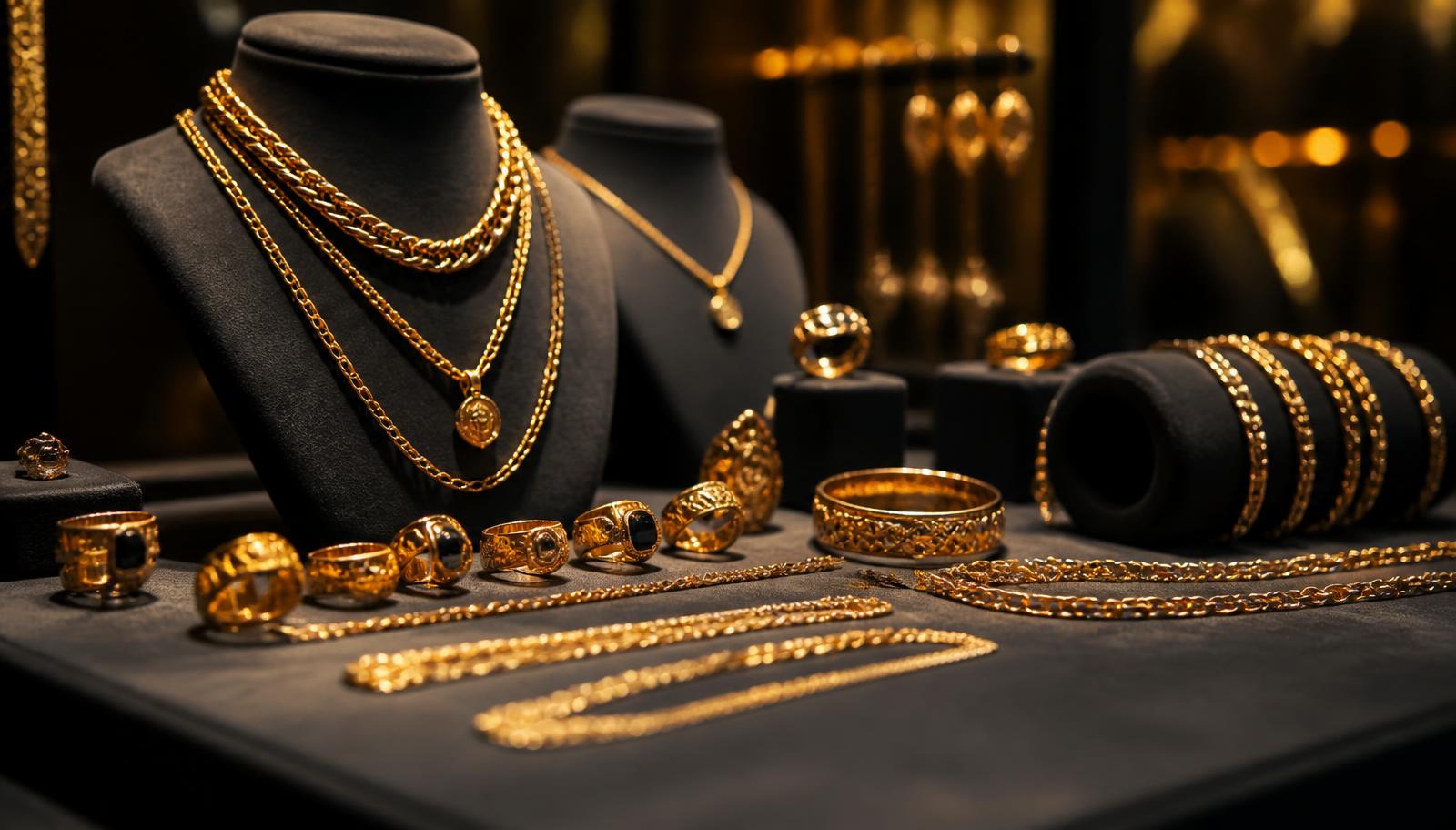 Escaparate de joyas de oro sobre terciopelo oscuro