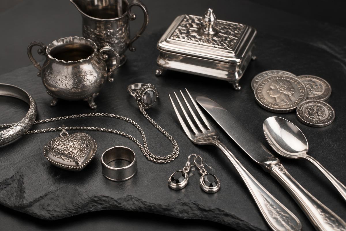 Piezas de plata: cubertería, candelabros, bandejas y monedas sobre pizarra